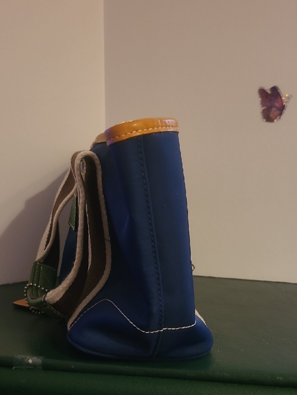 Coach Blue Tote Bag with Brown Accent and Yellow Trim Lined In Signature Plastic - Picture 4 of 12